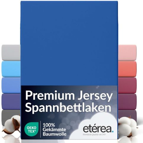 etérea Jersey Spannbettlaken Premium 180x200-200x200 cm Blau Rundumgummi | 160 g/m² gekämmte Baumwolle Spannbetttuch · Rundumgummizug · bügelfrei & farbecht · OEKO-TEX Made in Green
