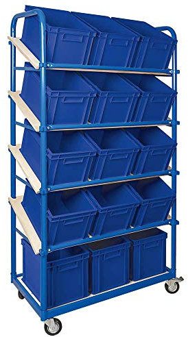 BRB Schrägboden-Regalwagen mit 5 Ebenen, bestückt mit 15 Euroboxen 400x300x235 mm blau