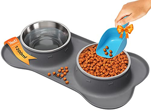 Unterlage für Fressnapf mit 2x1200ml Hundenapf Grosse Hunde - Futterstation Hund und Hundenapf Edelstahl - Näpfe, Tränken & Zubehör für Hunde mit Silikonunterlage Futternapf/Wassernapf für Hunde