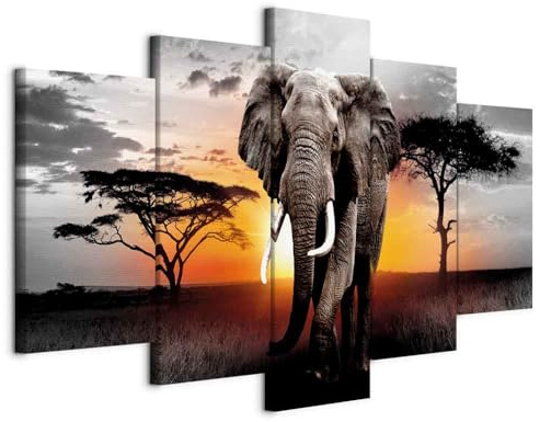 murando - Leinwandbild Landschaft Tier Elefant, 225x112 cm, 5-teilig | Hochwertige Leinwand, sofort aufhängbar, ideal fürs Wohn- oder Schlafzimmer, wasserfest und lichtecht, langlebig, stilvoll