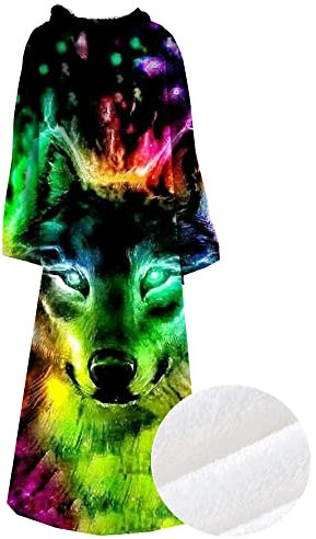 Tv Kuscheldecke Mit ärmeln Herren Damen Kinder Jungen Winter XXL Sofa Lazy TV-Decke Fleece 3d Wolf Löwe Motiv Ärmeldecke Tagesdecke Warmer Kuschel Poncho Decke Warm Weiche (Schwarz,L 127x178 cm)