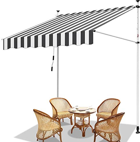 Fiqops Klemmmarkise mit Handkurbel Balkon, UV-beständig, ohne Bohren, 100% Polyester, höhenverstellbar, Sonnenschutz, Terrassenüberdachung, Einfache Montage 150x120 x 200-300 cm Weiß Grau