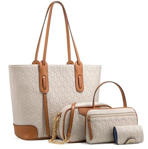 HAWEE Mode Damen Schultertasche mit Reißverschluss Handtasche Groß Frauen Umhängetasche PU Leder Elegant Tragetasche Henkeltasche Geldbörse 4-teiliges Set