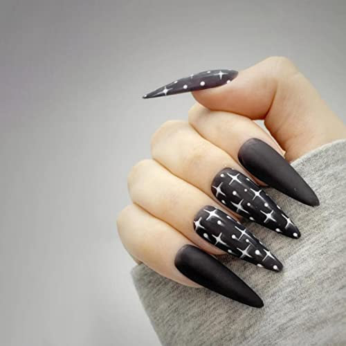 JUSTOTRY 24 Stück Stiletto Nägel Zum Aufkleben Lang mit Stars,Schwarz French Künstliche Nägel,Gothic Mandel Kunstnägel Press on Nails,Pretty Fingernägel Fake Nails für Frauen