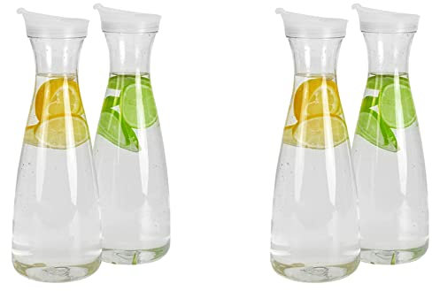 BYSL Lot de 4 carafes à en plastique de 1 l avec couvercle à rabat blanc - Qualité alimentaire et recyclable - Pichets incassables - Bocal