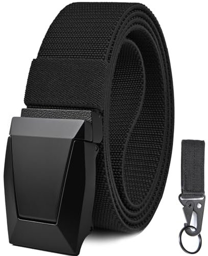 KingMoore Herren Gürtel - 3,8 cm Militärischer Taktischer Stretch Web Nylon Gürtel mit Schnellverschluss Schnalle, Schwarz mit taktischem Gear Clip, XXXL(Waist:52-56)