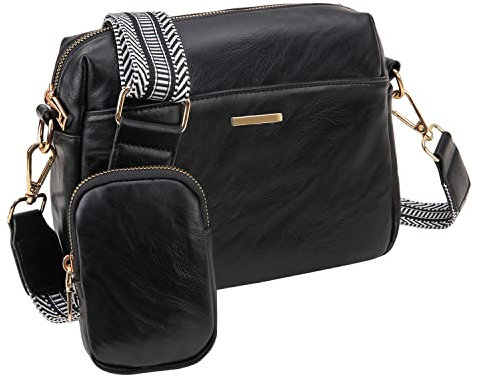 VX VONXURY Damen Umhängetasche, Klein Veganem Leder Crossbody Bag Schultertasche mit Breiten Gurten, Schwarz