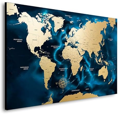 Kunstgestalten24 Leinwandbild Weltkarte Worldmap Wandbild Kunstdruck Raum- u. Wanddekoration
