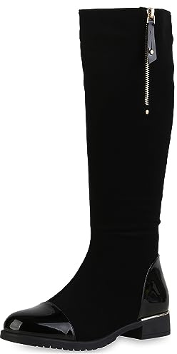 VAN HILL Damen Klassische Stiefel Blockabsatz Lack Trendy Schuhe 840545 213099 Schwarz Lack 40