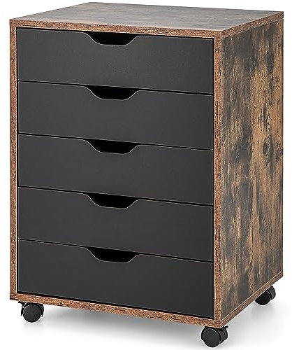 COSTWAY Mobile File Cabinet, 5/7 Drawers Lateral Stationery Storage Organiser Chest with Wheels, Home Office Printer Stand Side Filing Cupboard (Rustic Brown + Black, 5 Drawers)