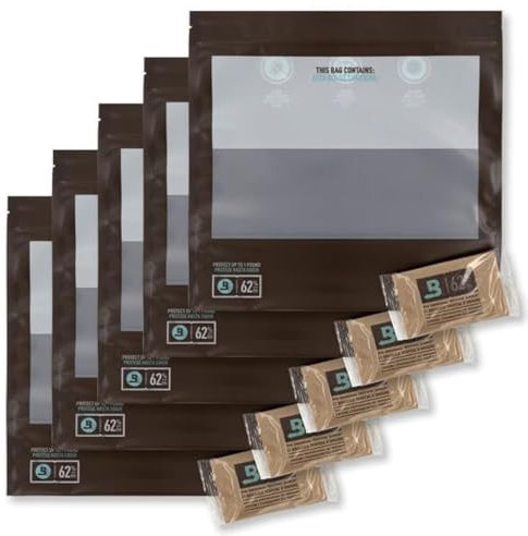 Boveda Frischebeutel – 62% RH Größe 67 im Lieferumfang enthalten – 40,6 x 40,6 cm Aufbewahrungsbeutel zum Aushärten und Aufbewahren von bis zu 453 g, 5 Stück – 5 große Druckverschlüsse mit