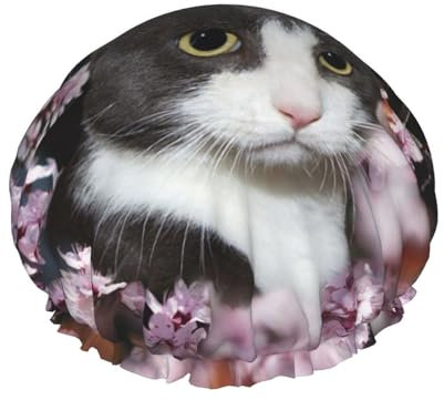 Reusable Shower Caps, Flower Dignified Cat Shower Cap, Waterproof Hair Cap for Women, Men