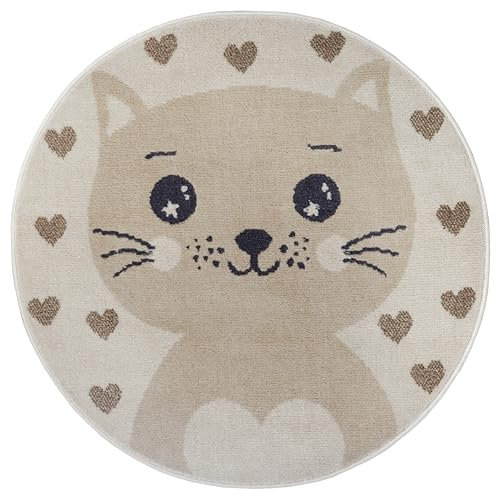 Hanse Home Adventures Kinderteppich Rund - Katzen Herzen Muster, Tier Herz Muster Teppich Junge Mädchen für Kinderzimmer, Spielzimmer, Jugendzimmer, Wohnzimmer - Creme Beige, 140cm