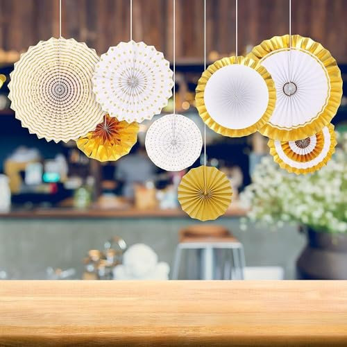 6-12 Pcs Hanging Paper Fans | Paper Fans Set for Party Decorations | Multi-Colored Round Wheel Disc | Paper Flower for Birthday, Wedding & Christmas Party (Gold-6pcs)