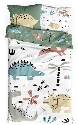 Bärenwerke MB 1020 Z Kinderbettwäsche Dinosaurier 135x200 cm - 100% Baumwolle, Reißverschluss, maschinenwaschbar, 2-teiliges Bettwäscheset für Kinder