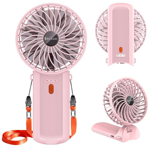 Portable Fan Handheld Fan, Mini Hand Held Fan USB Rechargeable, 6-15H Cooling Small Personal Fan, 180° Foldable Desk Fan with 4 Quiet Speed, Neck Fan w/Lanyard for Travel Outdoor Office School, Pink