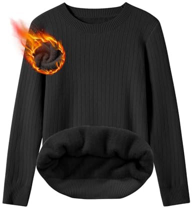 heekpek Jersey Mujer Invierno Elegante Suave Jersey de Punto Cuello Redondo Cálido Jersey con Forro Polar Basico Sueter Mujer Manga Larga, Negro, M