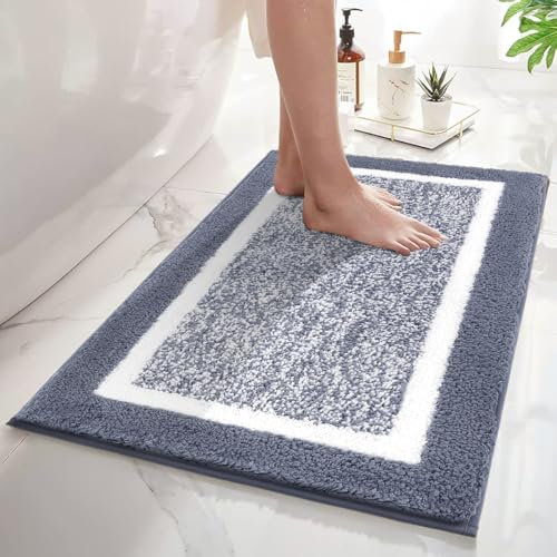 SHACOS Bathroom Rug Mat Fluffy, Microfiber Shaggy Bath Mat, Non-Slip Soft Bathroom Carpet, Super Absorbent Quick Drying, Machine Washable, for Shower Floor Bathtub, Grey, 50 x 80 cm