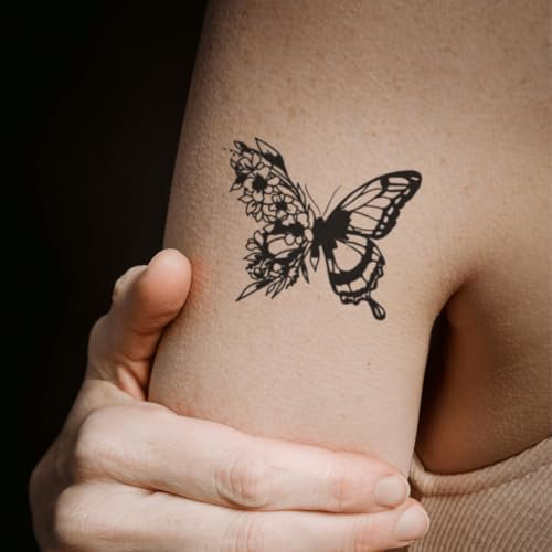 Faux Tatouage PAPILLON - Temporalis® | Tatouage Ephemere Femme et Homme – Cosmétique Certifié UE, Encre Vegan & Waterproof – Dure 1 à 2 semaines [ Tattoo Papillon floral ]