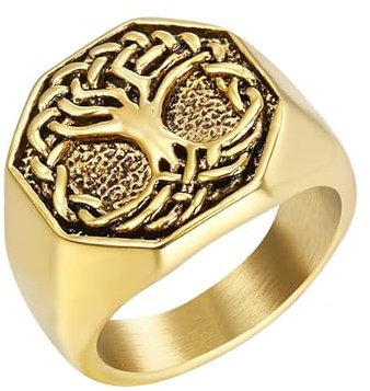 Joievievie Siegelring für Herren, Baum des Lebens, achteckig, geometrisch, Vintage, Schmuck, Gold und Silber, Edelstahl