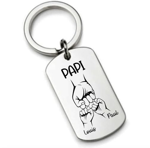 Cadeau Papi Grand Pere Porte Clés Personnalisé Poing à Poing avec prénoms des petits enfants (2 enfants)
