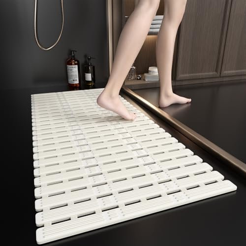 XIYUNTE Large Shower Mat Non Slip Anti Mould - 90 x 40cm, TPE Shower Mats for Inside Shower, Bath Mat Non Slip with Suction Cups, Non Slip Shower Mat for Elderly, Cut to Size - Mlik White