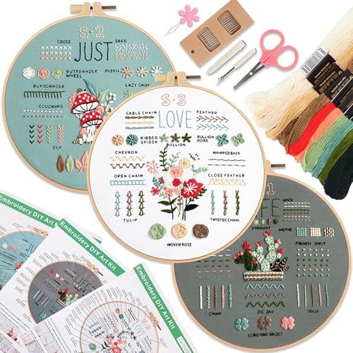 ZoneYan 3 Stück Sticken Set Erwachsene, Stickset für Anfänger,Blumenmuster Pflanzen Stickset Erwachsene Stickerei Set,Embroidery Kit,Mit Stickrahmen, Farbfäden Anleitung,Und Werkzeuge,Kreuzstich Set