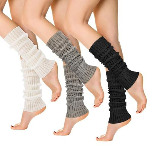 3 Pairs Leg Warmers for Winter - White, Black, Cream - Fashionable Boot Cuffs, Knee Socks for Warm Legs, Ballet, Dance, Skating, Yoga - Ladies 80s Style