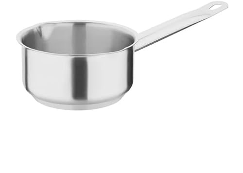 Vogue Stainless Steel Milk Pan - 1Ltr | Tall pot shape prevents quick boil-over while warming liquids, with a downward-curved stay-cool metal handle.