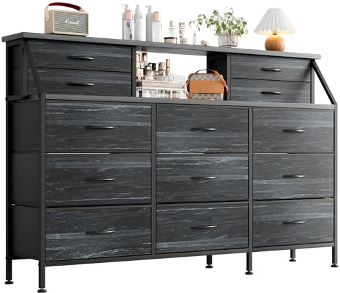 MUTUN Dresser for Bedroom with 13 Drawers, 55” Wide Chest of Drawers, Fabric Dresser with 2 Wooden Shelves, Storage Organizer Unit with Fabric Bins for Bedroom, Living Room, Hallway, Grey Oak