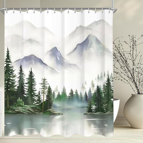 Lerores Duschvorhang 240x200cm Berge, Beschwerter Saum Antischimmel Textil, Wasserabweisend, Waschbar Polyester Stoff Badevorhänge für Badezimmer, Badewanne mit 16 Duschvorhangringe