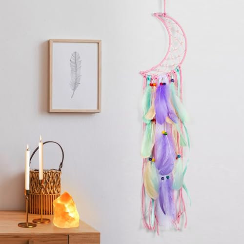 Makramee Wandbehang Mond Traumfänger mit LED Licht Handgefertigt Gewebte Dreamcatcher Boho, Haus Dekoration Chic Home Decor Geschenke Apartment Raumdekoration für Eid Mubarak Ramadan （Farbige Federn）