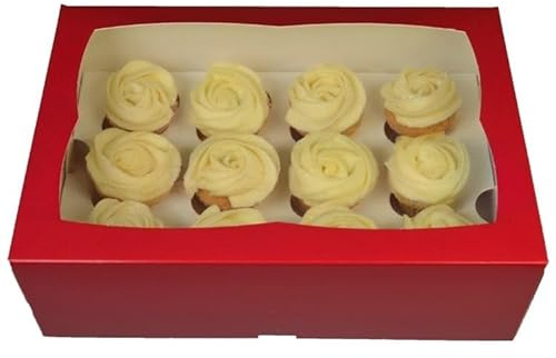 LARRYROO PREMIUM Windowed Red MINI Cupcake Boxes for 12 Cup Cakes & inserts | Valentines Day, Anniversary, Christmas Etc (5)