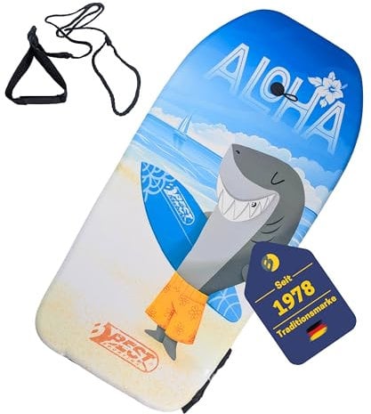 BEST SPORTING Bodyboard Kinder – Leichtes Surfbrett für Strand, Meer & Schwimmbad | 92 x 46 x 5 cm | In verschiedenen Designs | Inkl. Leash für sicheren Halt (Aloha)