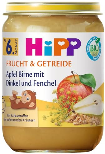 HiPP Bio Apfel Birne mit Dinkel und Fenchel (6 x 190g), ab 6. Monat, mit Bio-Vollkorngetreide und wohltuenden Kräutern, nur natürliche Süße aus Früchten, in bester Bio-Qualität