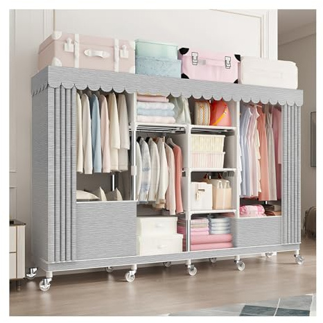 Stoffschrank, 170 cm Schrank zum Aufhängen von Kleidung mit Reißverschluss, freistehender Kleiderschrank mit Vliesstoffbezug, mobiler Textil Garderobe mit Ablagen Kleiderstangen, roßes Stauraum