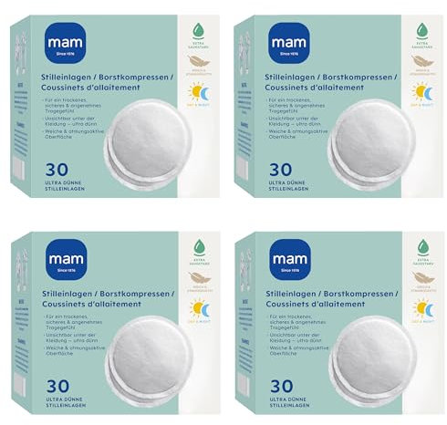 MAM selbstklebende Stilleinlagen | Atmungsaktive Stillpads für die Stillzeit | Extra saugfähiger Kern | Einlagen nehmen überschüssige Muttermilch sicher auf | 120 Stück