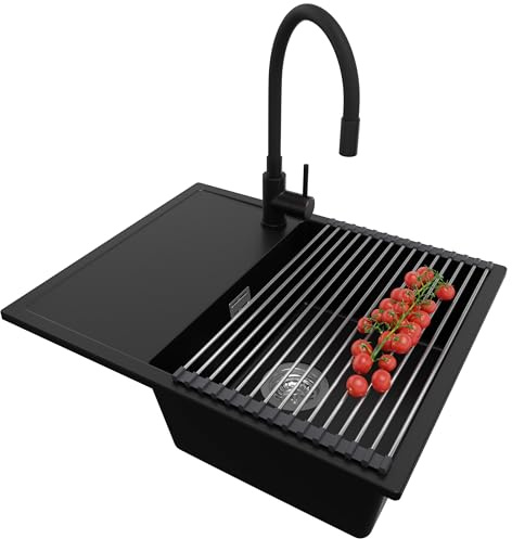PRIMAGRAN Evier Cuisine en Granit au Meuble 45cm + Robinet, 62x50cm | Set: Robinet BW6020 + Kit de Vidage + Égouttoir Enroulable + Lavabo 1 Bac - Ibiza, Noir