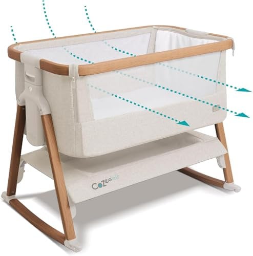 Tutti Bambini CoZee® Air Crib Bundle (Walnut/Ecru) - Bedside Crib with 2 Sheets (Grey/Cloud), Mattress Protector, and Mattress Included