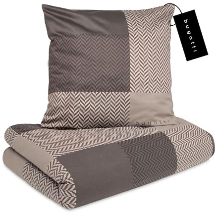 bugatti 2in1 Bettwäsche 135x200 cm - 100% Baumwolle Satin-Flanell Kombibettwäsche, Reißverschluss, anschmiegsam, weich & waschbar, Bettbezug braun Karo