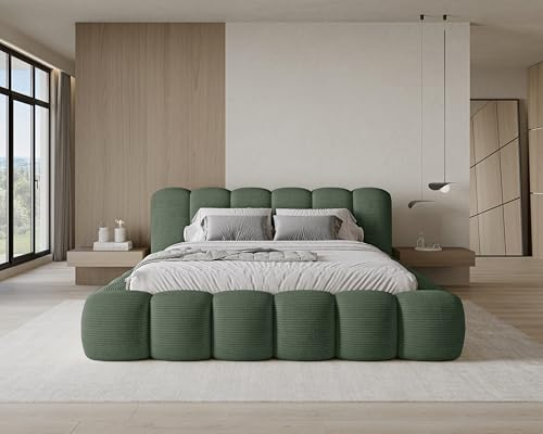 Chilly. Möbel Design Bett Stone - Polsterbett 160x200 mit Bettkasten, Lattenrost und Kopfteil - Eleganter Poso Cord-Stoffbezug Grün