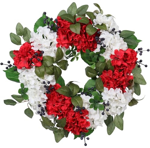 Zhemobang 22 Inch Patriotic Wreath for Front Door Outdoor, UV Resistant Red White and Blue Hydrangea Wreath for 4th of July Memorial Day, Waterproof Americana Summer Decor