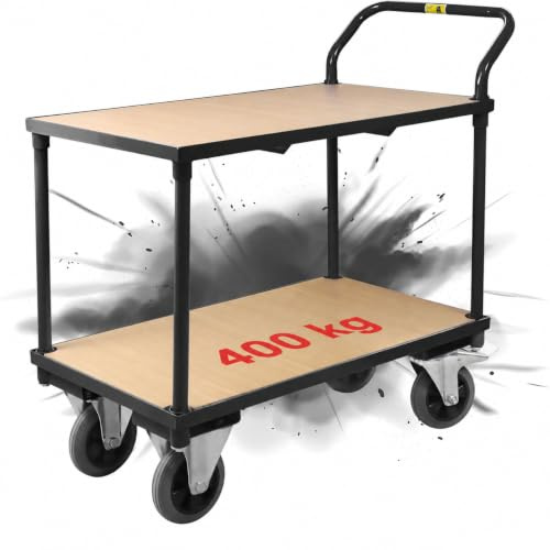 Abrollwerk Etagenwagen schwarz 400 kg Traglast – Rollwagen mit 2 Ebenen & Vollgummireifen – Plattformwagen Stahl 95x50x97 cm – Robuster Werkstattwagen Kommissionierwagen Tischwagen (1, schwarz)