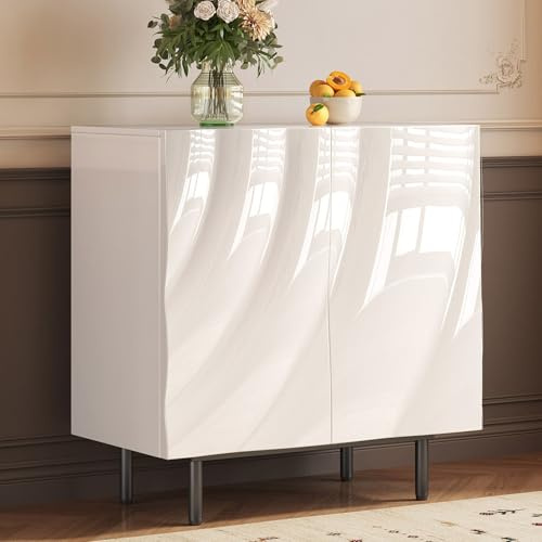 Miuuod Glossy White Sideboard Cabinet, Mid Century Modern Console with Handle Free & Storage, Wood Kitchen Buffet Table Coffee Bar for Dining Room Living Room, (80 x 42.1 x 82.5 CM)