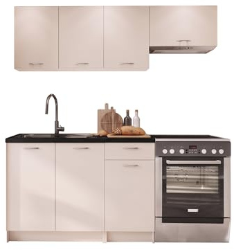 Mirjan24 Mela Küchenmöbel Set 180/120 cm mit Arbeitsplatte - Moderne Einbauküche in Creme/Beige, Hängeschränke & Unterschränke, 5 Schrank-Module (Cashmere/Schwarz)