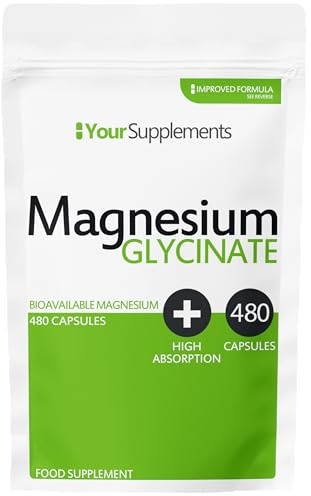 Magnesium Glycinate by Your Supplements | UK Made | True Unblended Bisglycinate | 480 High Absorption Capsules | Suitable for Vegetarians & Vegans