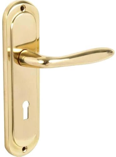 Designer Levers - Mocho Round Plate Lever Door Handle - 1 Pair - Polished Brass - Locking Door Handle - 189 x 49mm - Interior Use