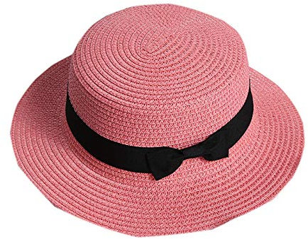 Elonglin Femme et Enfant Chapeau de Paille de Soleil Panama Capeline Chapeau Porkpie avec Nœud Papillon Rose Adulte