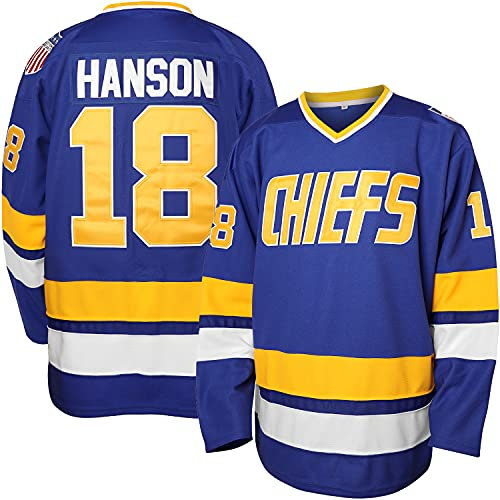 Hanson Brothers Jersey Charlestown Chiefs 16,17,18 Slap Shot Ice Hockey Movie Jersey, 18 Blau, Mittel