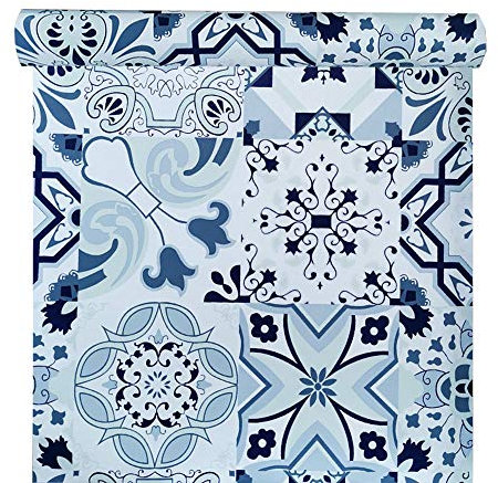 PoetryHome Papier Peint de Contact Vintage Motif carrelage Bleu pour Mur de Cuisine, armoires de Salle de Bain 45 x 117 cm